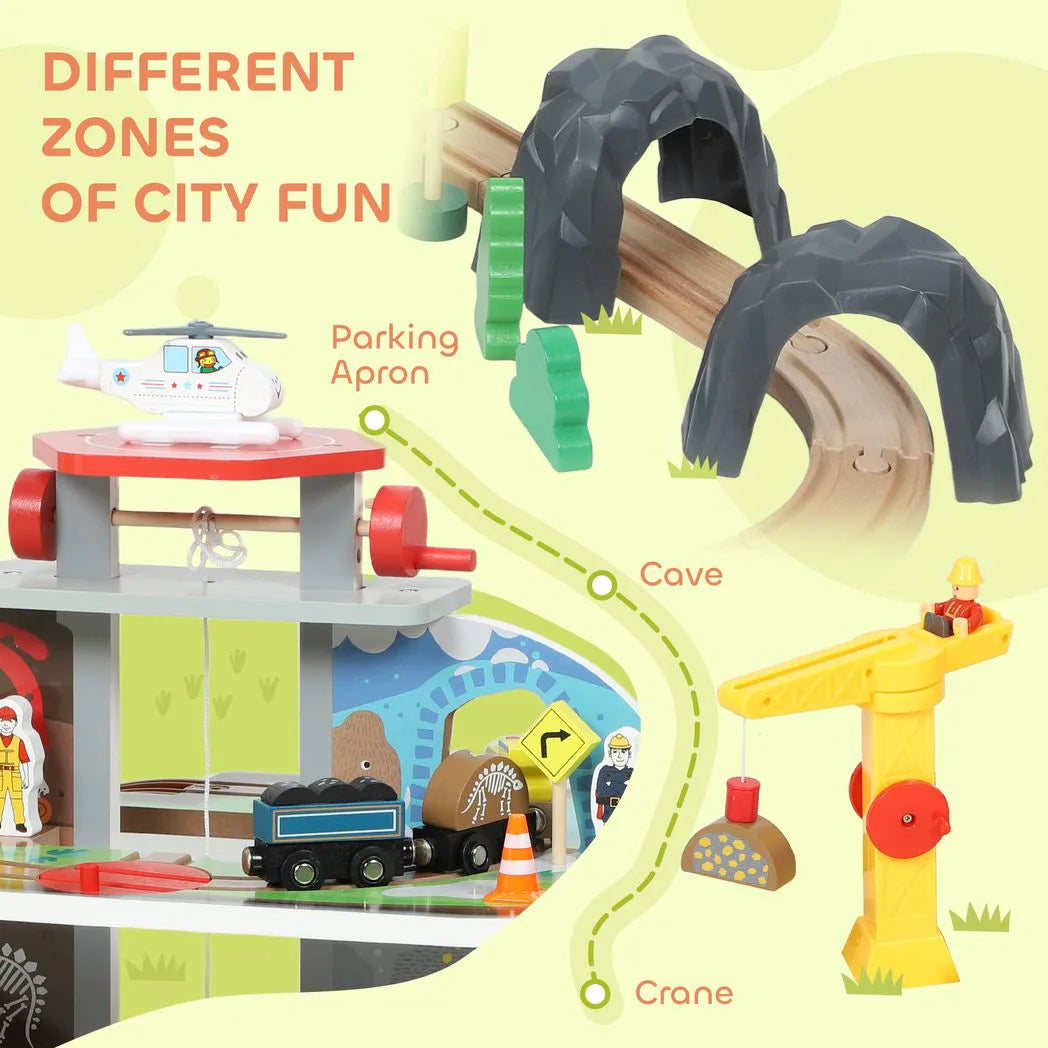 AIYAPLAY 79 Piece Wooden Train Set with Crane, Lift and Helipad – Mine-Themed Kids Train Track Toy