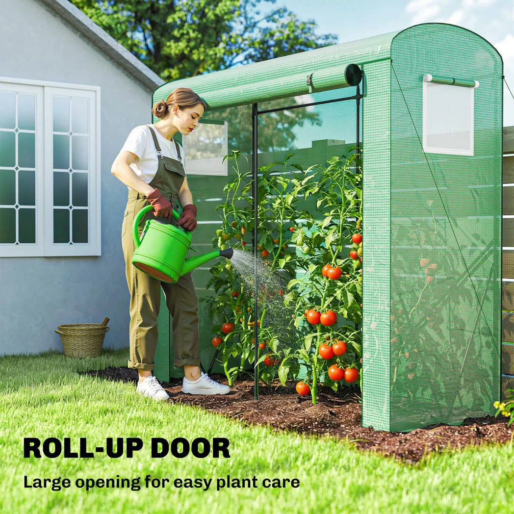 Outsunny Walk-In Mini Greenhouse with Roll-Up Door and 2 Mesh Windows, PE Cover, 200 x 75 x 188 cm, Green