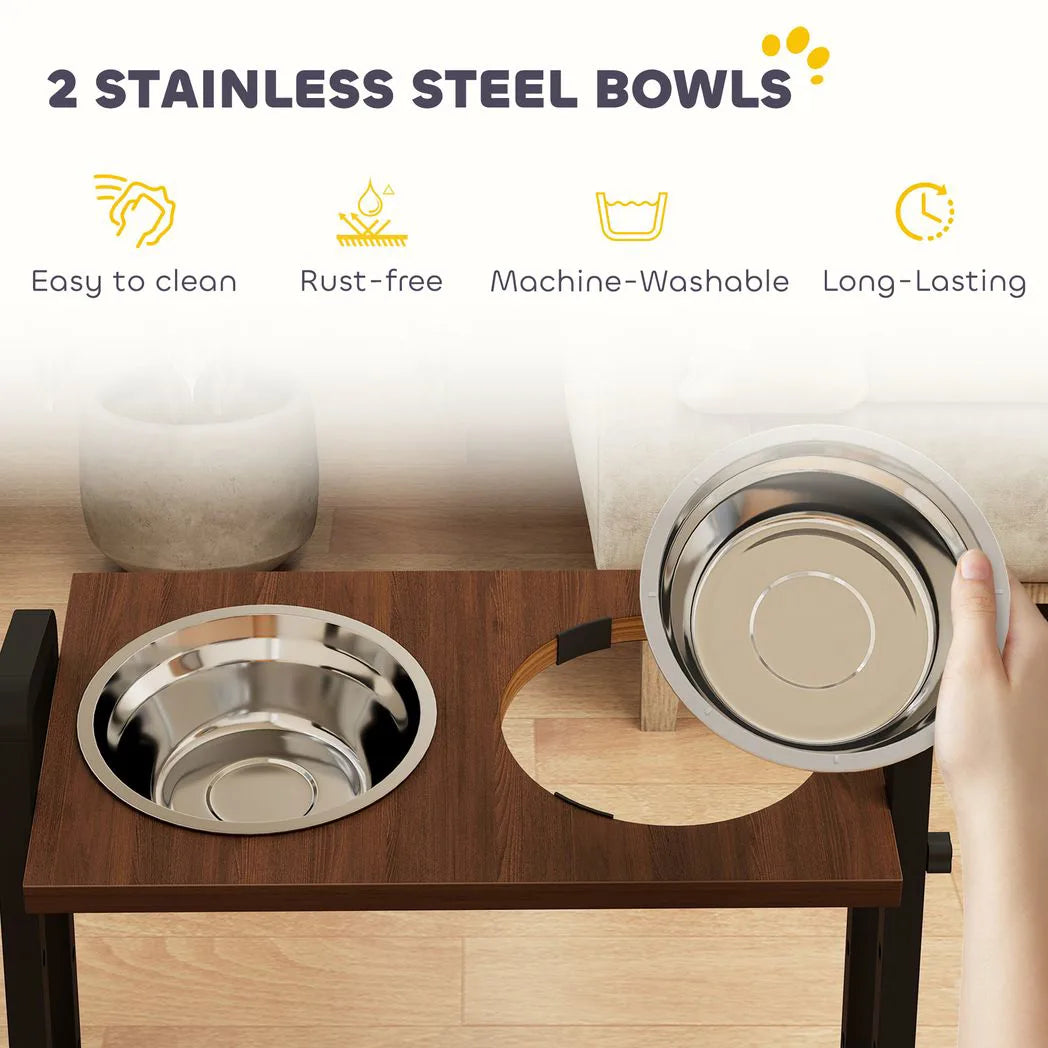 PawHut Raised Dog Bowls with Stand, 4 Adjustable Heights & 3 Angles, 2 x 1.2L Stainless Steel Feeder, Brown