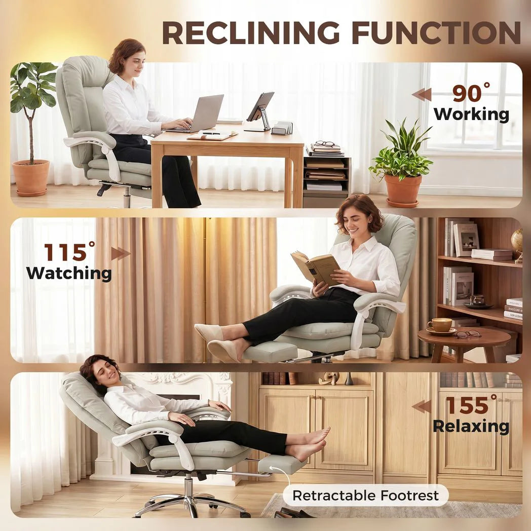 HOMCOM Executive Office Chair with 155° Recline, Footrest & Lumbar Pillow – PU Leather, Khaki