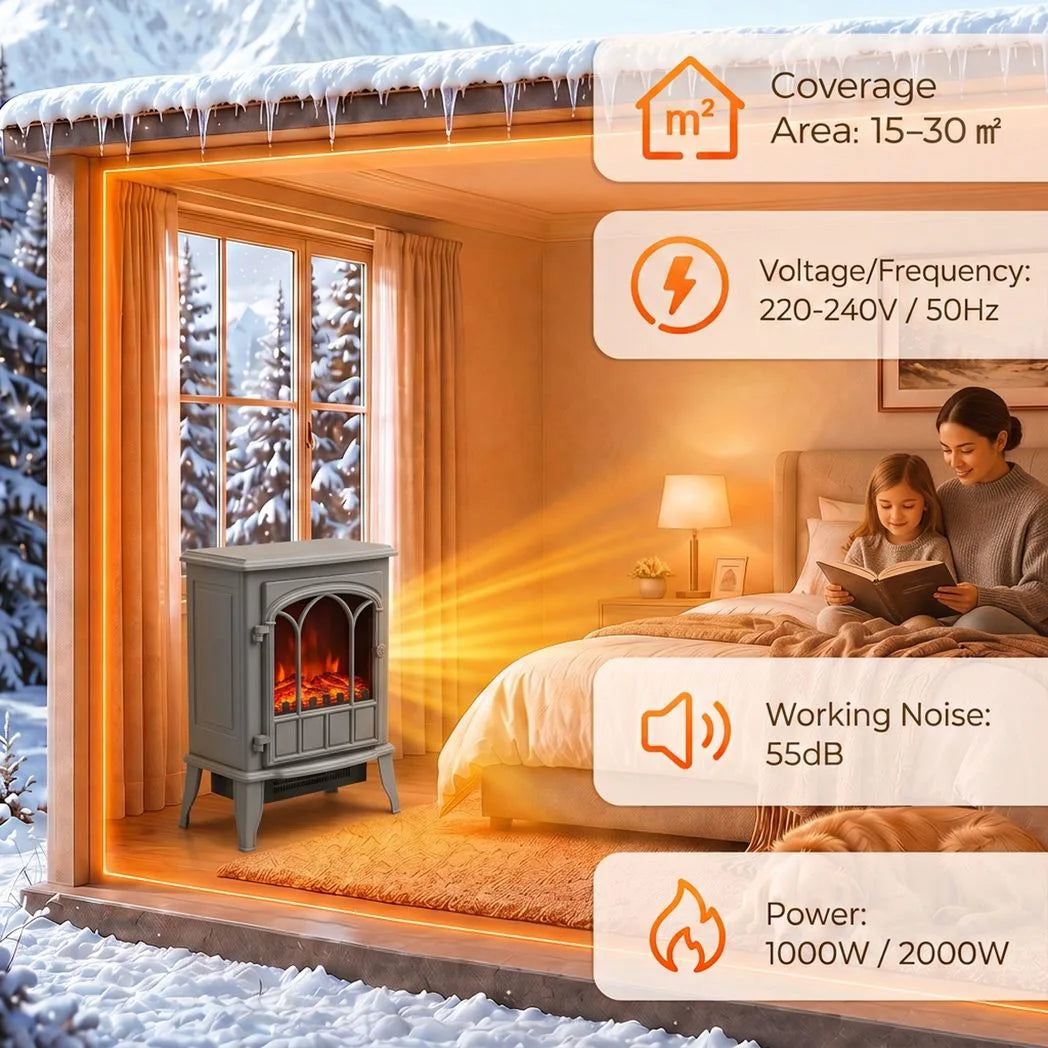 HOMCOM Freestanding Electric Fireplace with LED Flame, 1000W/2000W Log Burner and Overheat Safety, Grey