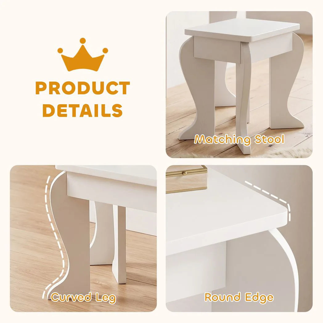 HOMCOM Kids Dressing Table and Stool Set with Mirror & Storage Drawer – Girls Vanity Table, Ages 3-6, White