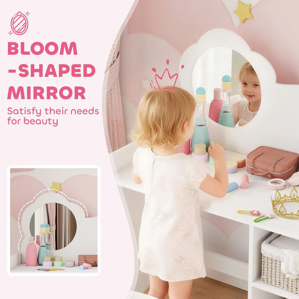 AIYAPLAY Kids Dressing Table with Mirror and Stool – 2-in-1 Vanity Table with Shelves for Ages 3-8, White