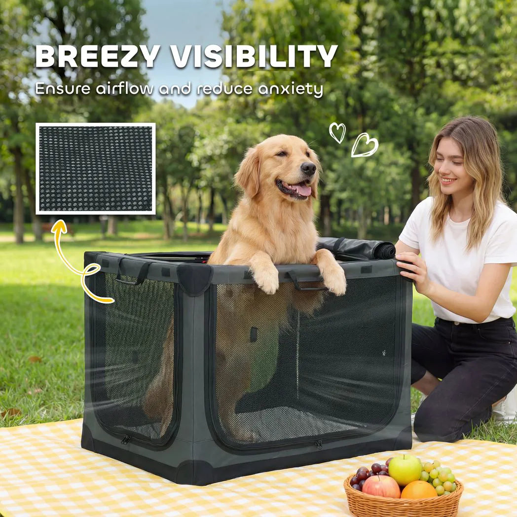 PawHut Soft Dog Travel Crate, 90 x 64 x 64 cm, with Removable Pad and Mesh Windows – Foldable, Army Green