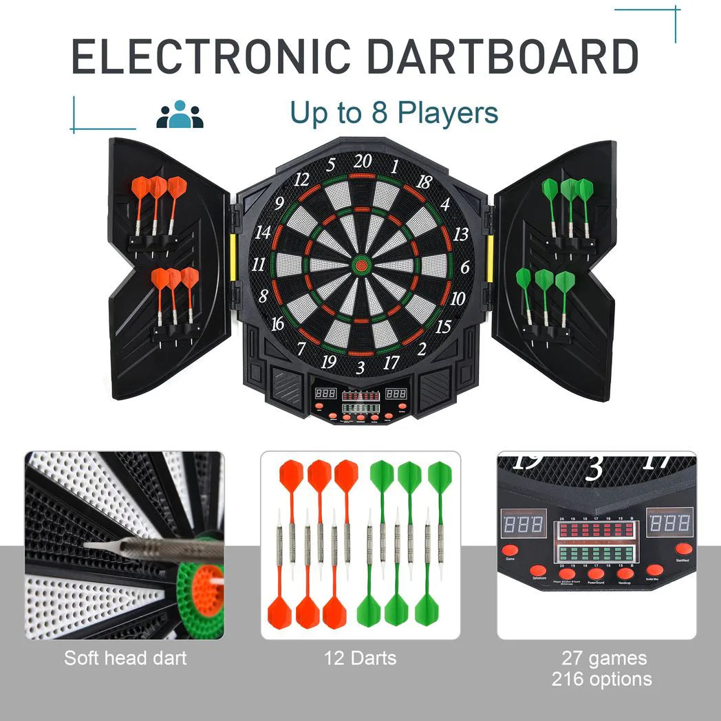 HOMCOM Electronic Dartboard Set with LED Score Display, 27 Games & 12 Soft Tip Darts – Up to 8 Players