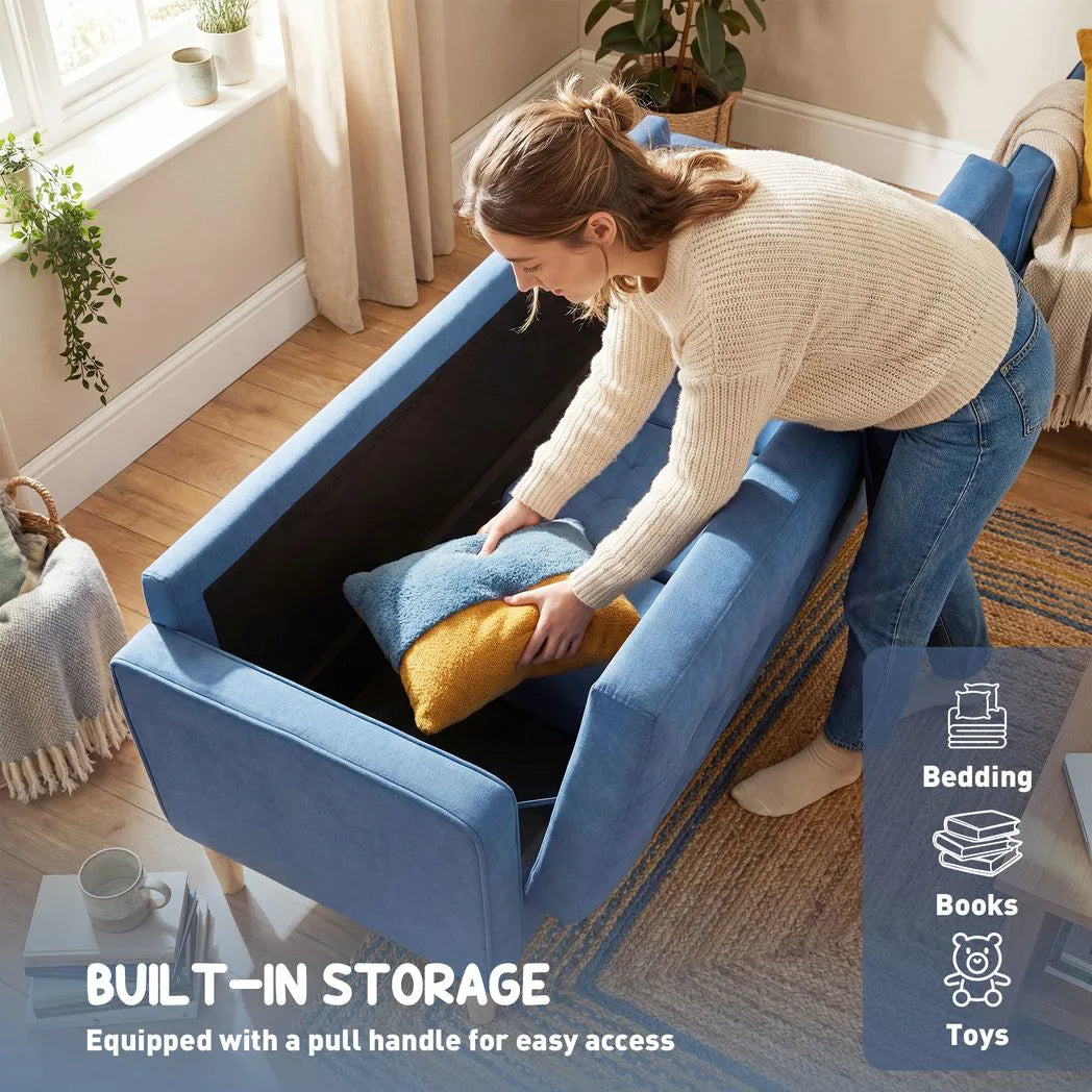 HOMCOM 3 Seater Sofa with Hidden Storage, Button Tufting and Wood Legs, 169 cm – Compact Couch, Blue