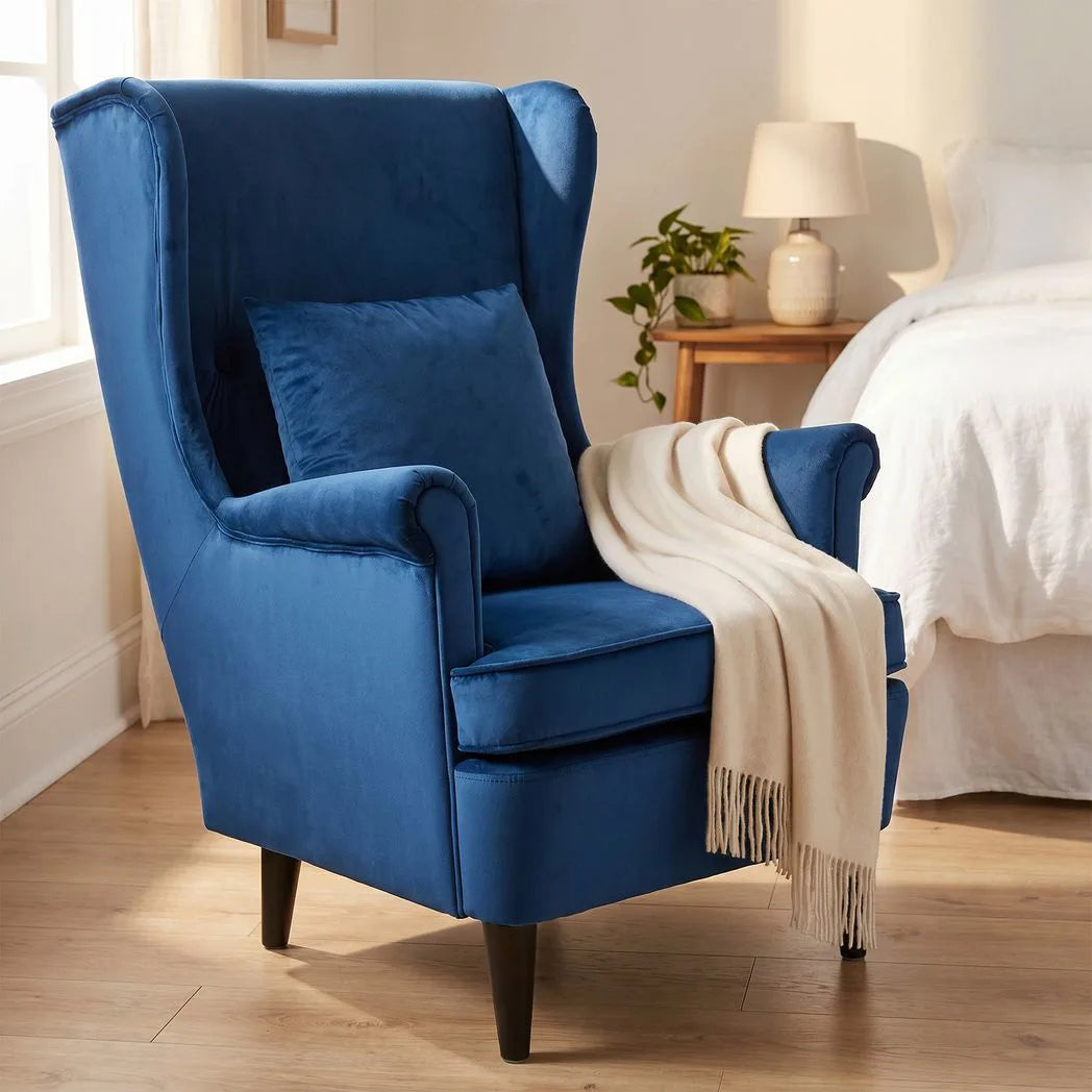 HOMCOM Wingback Accent Chair with High Backrest & Pillow – Velvet-Feel Reading Chair, Solid Wood Legs, Blue