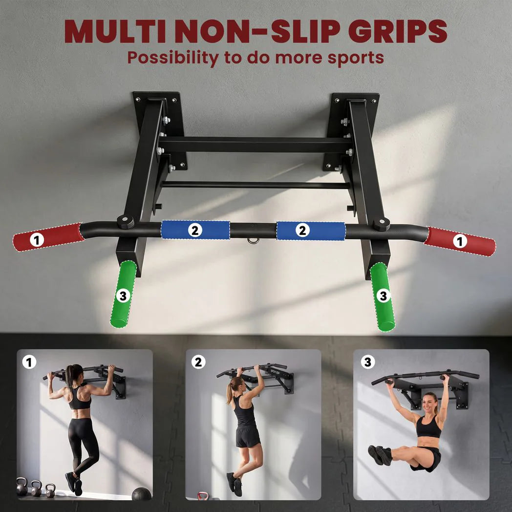 SPORTNOW Wall Mounted Folding Pull Up Bar with 3 Band Hooks – 120kg Steel Chin Up Bar for Home Gym, Black