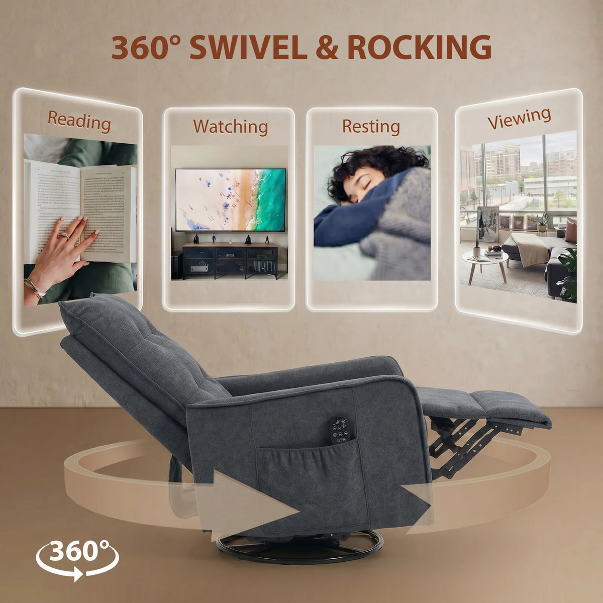 HOMCOM Chenille Recliner Armchair with Massage and Heat, 360° Swivel and Rocking – Manual Recliner, Dark Grey