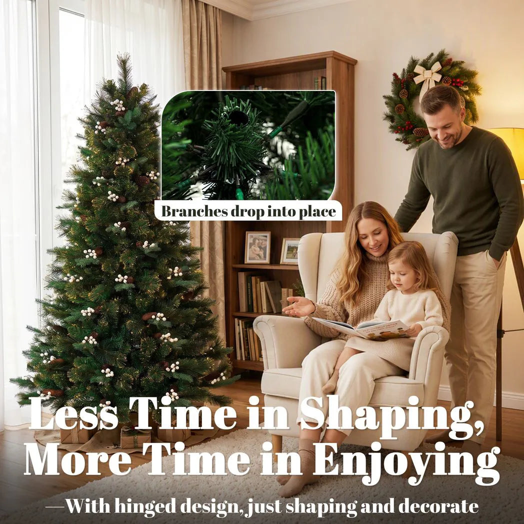 HOMCOM 6ft Pre-Decorated Hinged Christmas Tree with 716 Tips, Berries and Foldable Metal Stand, Green