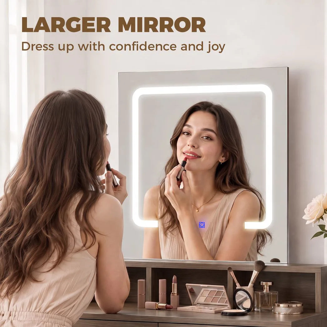 HOMCOM Dressing Table with LED Mirror, 2 Drawers & 3 Compartments – 3 Colour Lighting Makeup Vanity, Walnut
