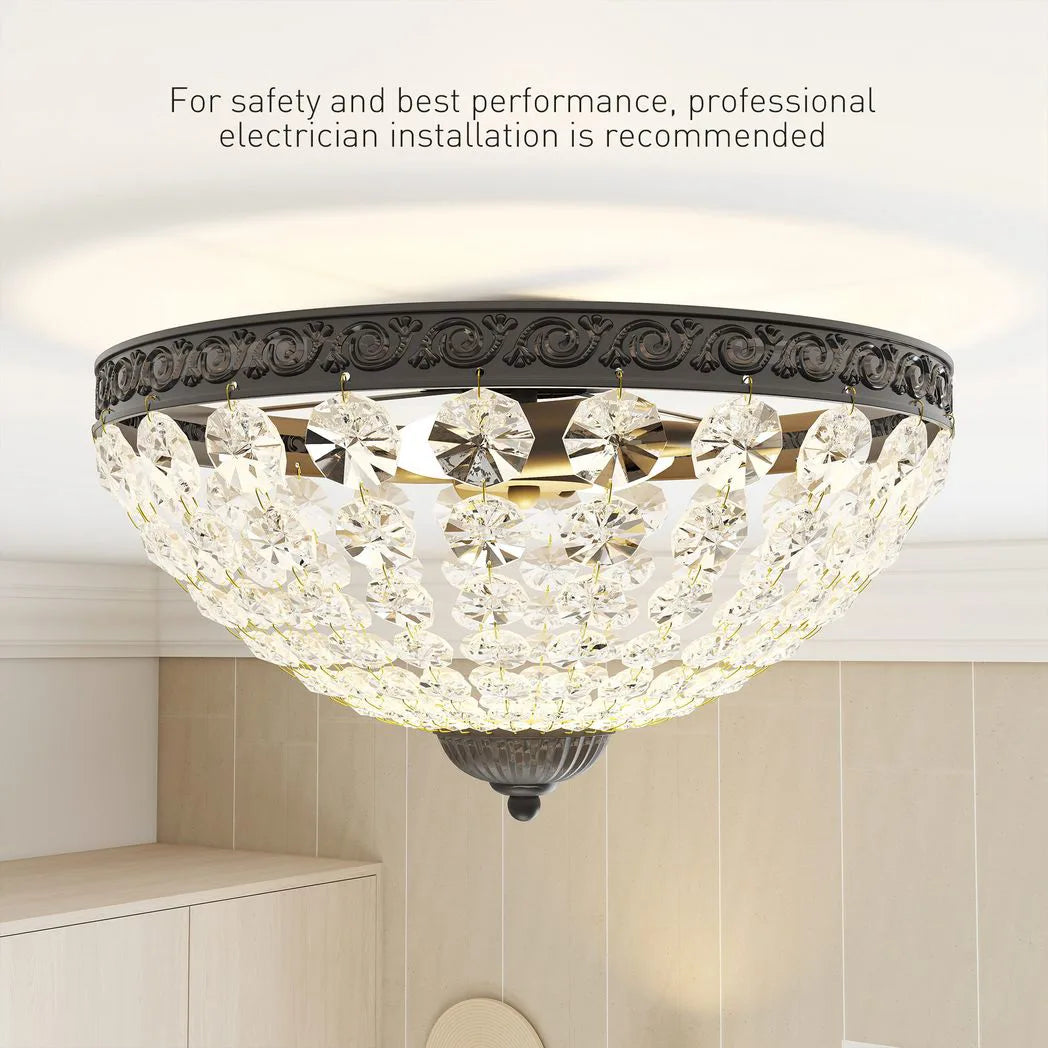 HOMCOM Vintage 2-Light Crystal Chandelier Flush Mount Ceiling Light with 168 Octagonal Beads – Black