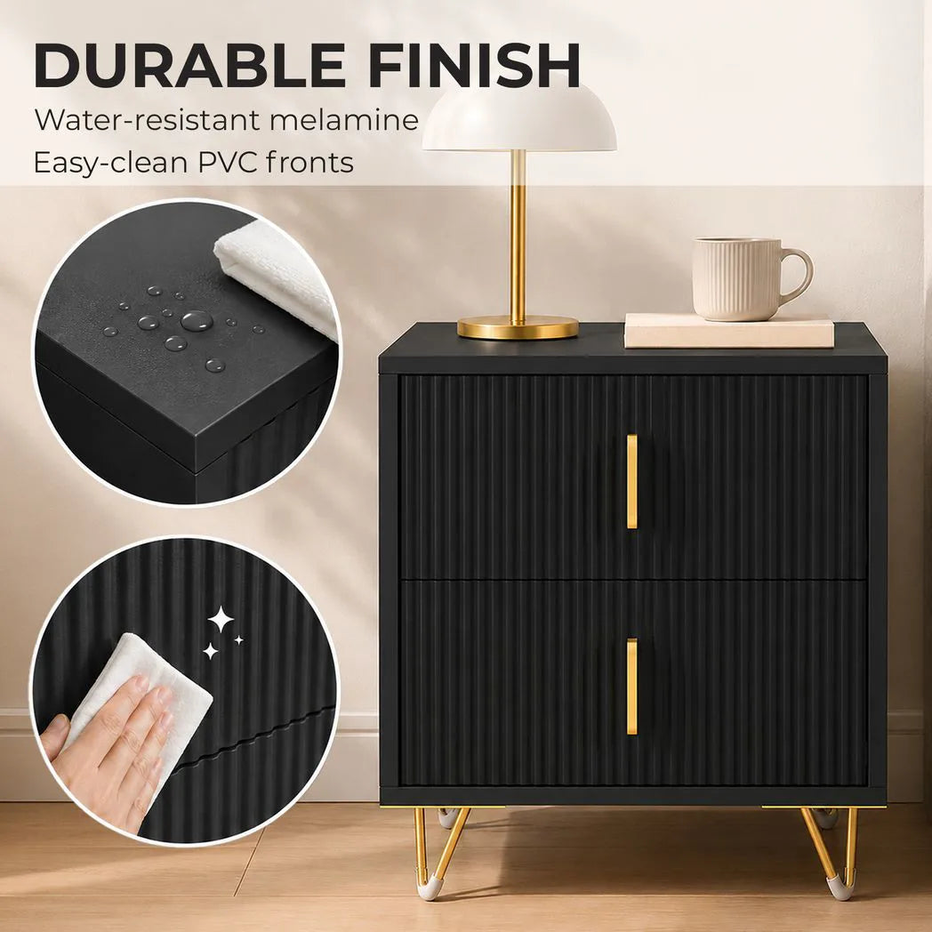 HOMCOM Fluted Bedside Table with 2 Drawers and Gold-Tone Handles, Compact Nightstand with Hairpin Legs – Black