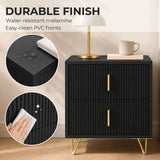 HOMCOM Fluted Bedside Table with 2 Drawers and Gold-Tone Handles, Compact Nightstand with Hairpin Legs – Black