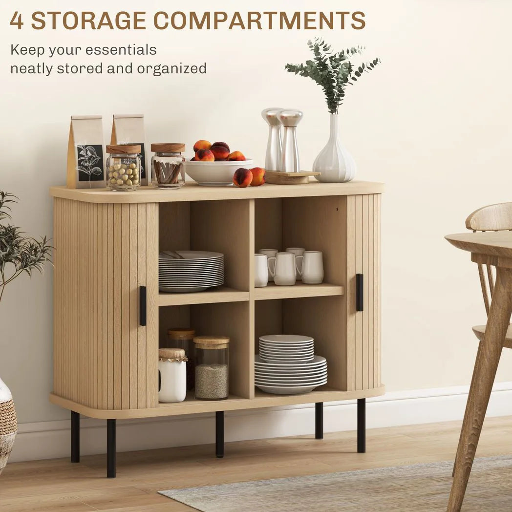 HOMCOM Mid-Century Sideboard with Slatted Tambour Sliding Doors & Steel Legs – Oak Tone