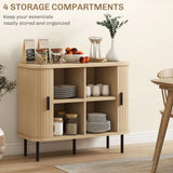 HOMCOM Mid-Century Sideboard with Slatted Tambour Sliding Doors & Steel Legs – Oak Tone