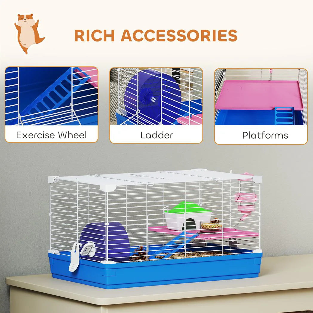 PawHut 2-Tier Portable Hamster Cage Starter Kit with Handle, Exercise Wheel, Water Bottle & Dishes – Blue