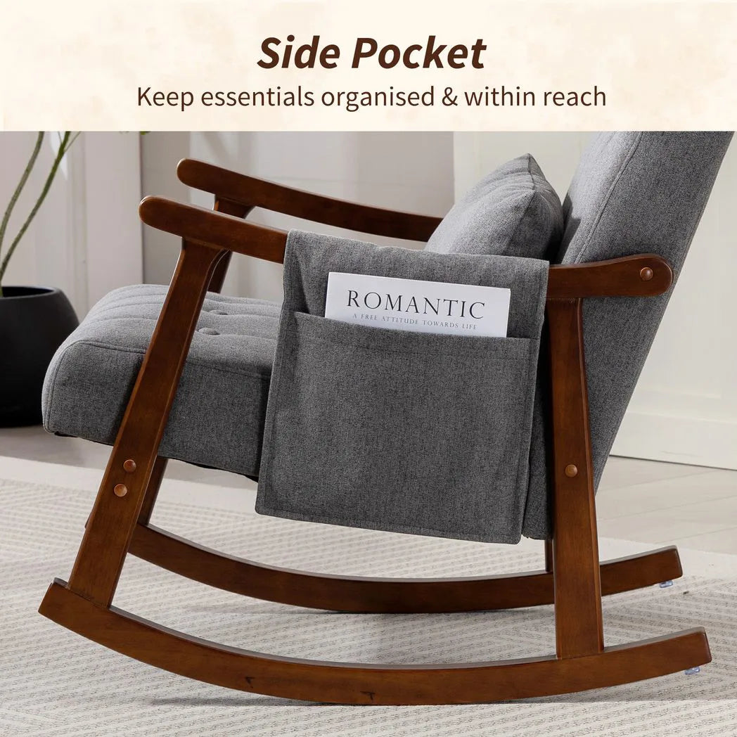 HOMCOM Rocking Accent Chair with Rubberwood Frame, Side Pocket & Pillow – 35° Rocking Armchair, Grey