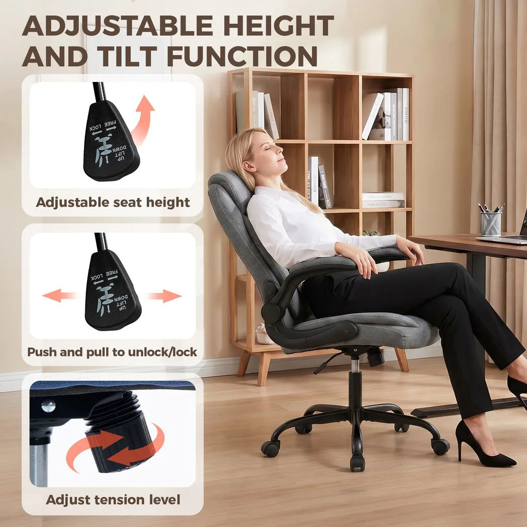 HOMCOM Linen-Look Executive Office Chair with Flip-Up Armrests & Thick Cushion – Computer Desk Chair, Grey