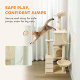 PawHut 140cm Large Cat Tree Tower with Sisal Scratching Posts, Plush Perches, Hammock & Cat Houses, Beige