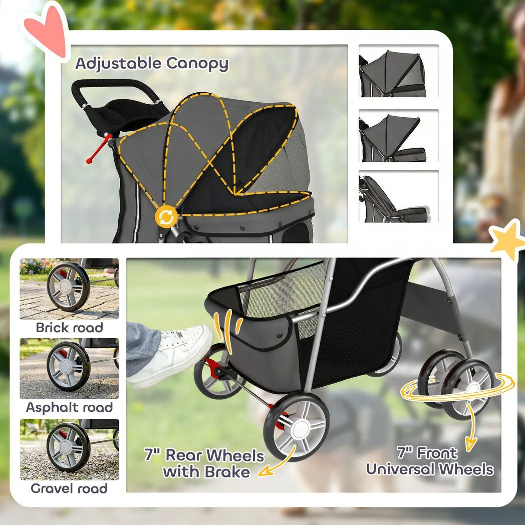 PawHut Foldable Dog Pram with Reflective Strips and 360° Swivel Wheels – Pet Stroller, Dark Grey