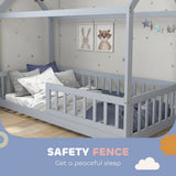 HOMCOM House-Shaped Kids Single Bed Frame with Guard Rails – Solid Pine, Grey