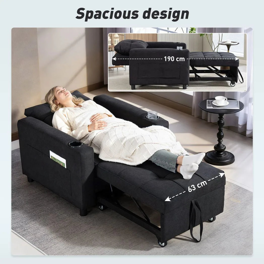 HOMCOM 3-in-1 Single Sofa Bed with Three-Level Back, Cup Holders and Pillow – Convertible Sleeper Chair Bed, Black