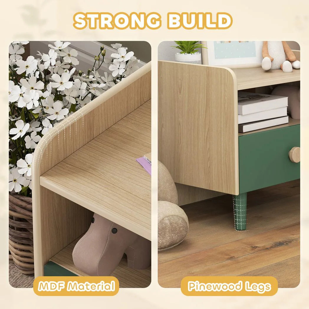 AIYAPLAY Kids Bedside Table with Drawer and Open Storage Shelf – Wooden Nightstand for Children's Bedroom, Green