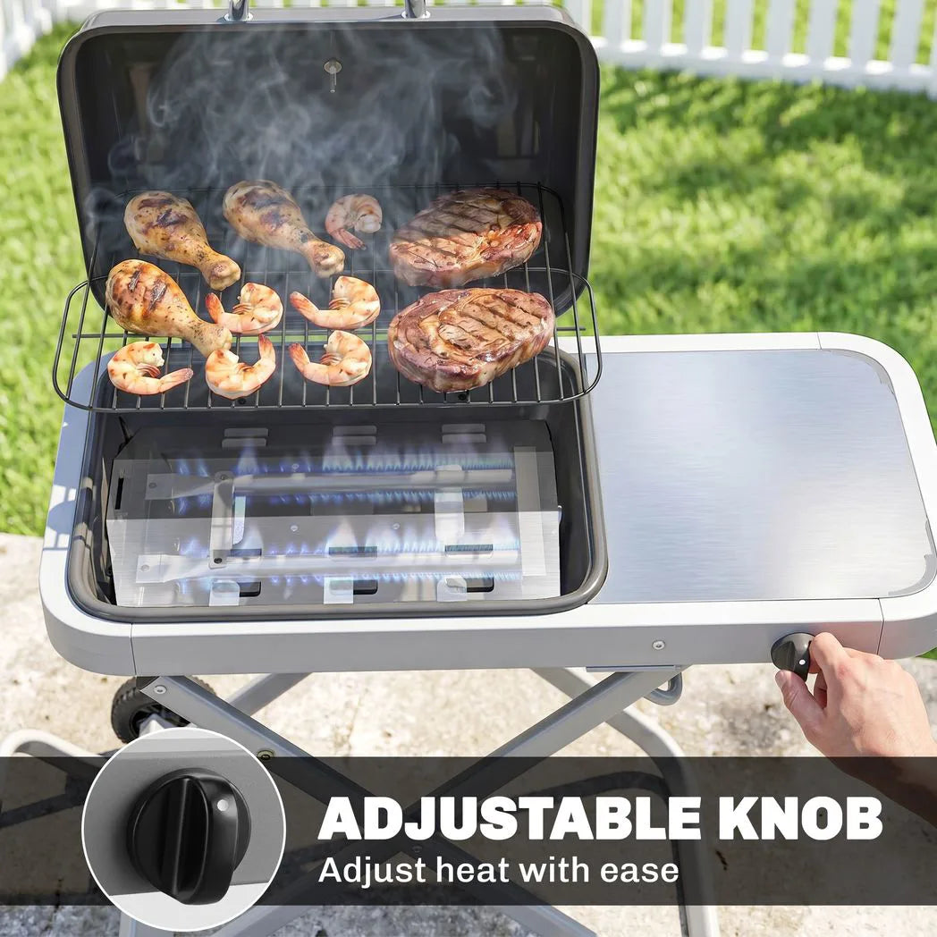 Outsunny Foldable Portable Gas BBQ Grill – 2.5kW with Lid Thermometer, Side Table, Grease Box and Wheels, Black