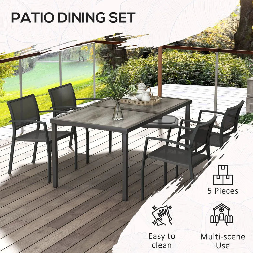 Outsunny Five-Piece Outdoor Dining Set with Wood-Effect Table and 4 Stackable Chairs – Garden Furniture, Grey