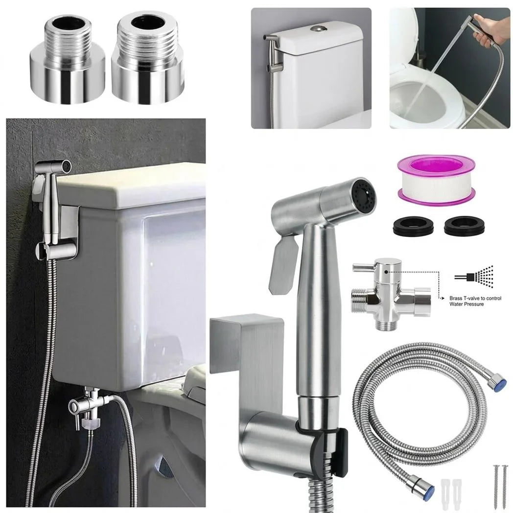 Stainless Steel Handheld Bidet Sprayer Set – Toilet Shower Head with 1.5m Hose, T-Valve and Thread Adapters, Silver