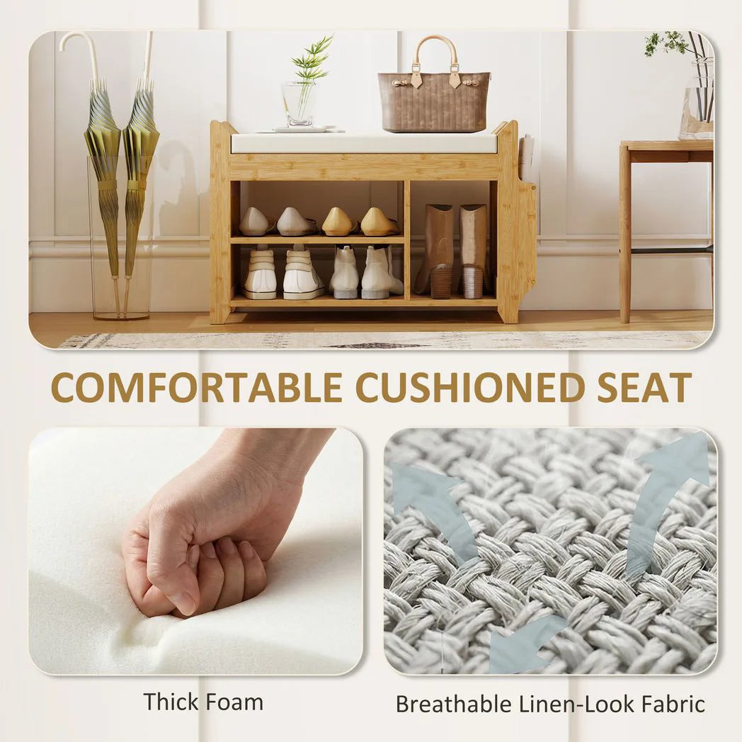 HOMCOM Bamboo Shoe Bench with Boot Section & Cushioned Seat, 80 x 30 x 50 cm – Natural & Cream