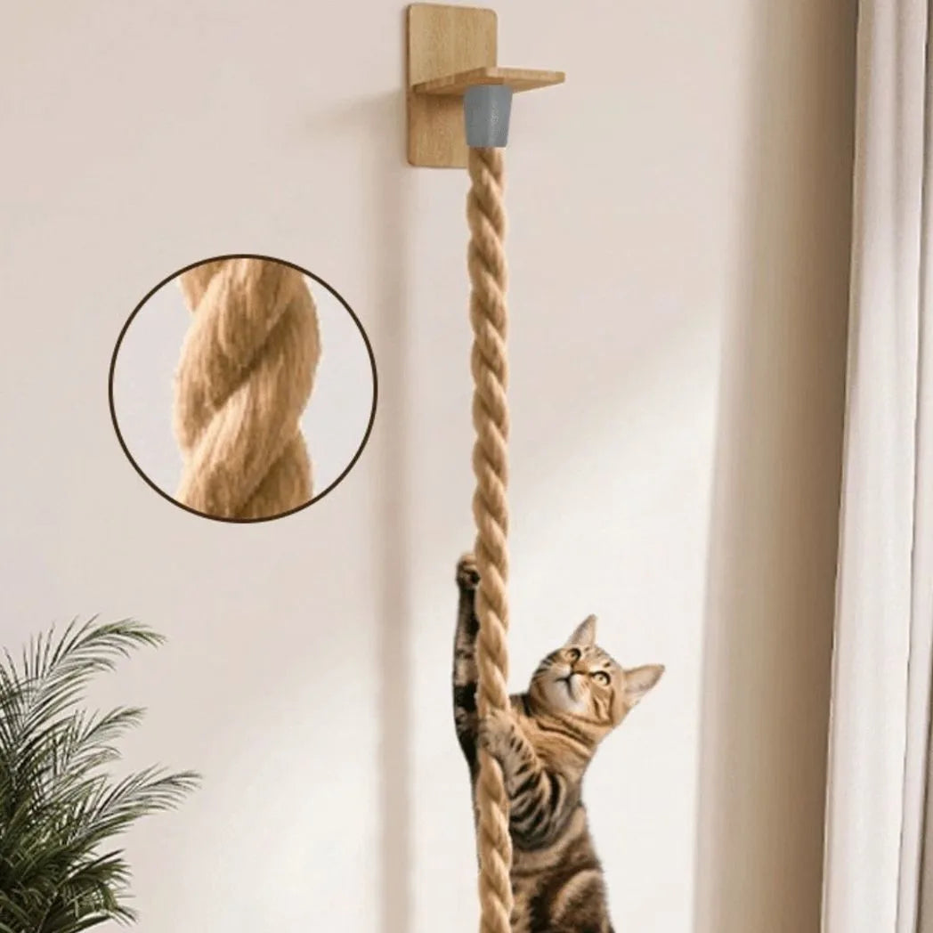 1.5m Wall-Mounted Cat Climbing & Scratching Rope Post – Pine Wood & Hemp Rope