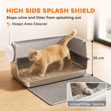 PawHut XL Stainless Steel Cat Litter Tray with Lid, Scoop and Mat – High-Sided Litter Box, Light Grey