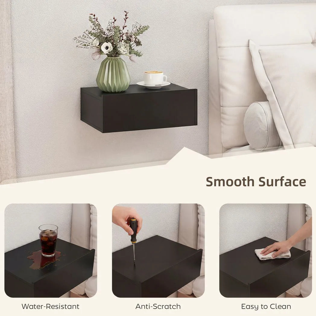 HOMCOM Floating Bedside Tables Set of 2 with Storage Drawer – Wall-Mounted Nightstands, Black