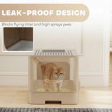 PawHut Cat Litter Box with Lid, Slide-Out Drawer and Scoop – Odour Control, Anti-Splashing, Khaki