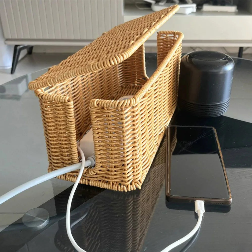 Wicker-Style Cable Management Box with Hinged Lid – Rattan-Effect Plug Socket and Power Strip Cover Organiser