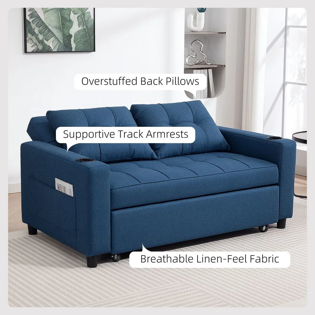 HOMCOM Two-Seater Pull-Out Sofa Bed with 3-Level Backrest and Cup Holders – 3-in-1 Loveseat, Dark Blue
