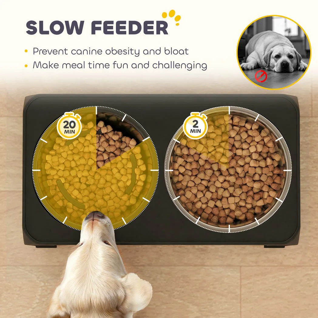 PawHut Raised Dog Bowl with Slow Feeder and 4 Adjustable Heights – Foldable Elevated Feeding Stand