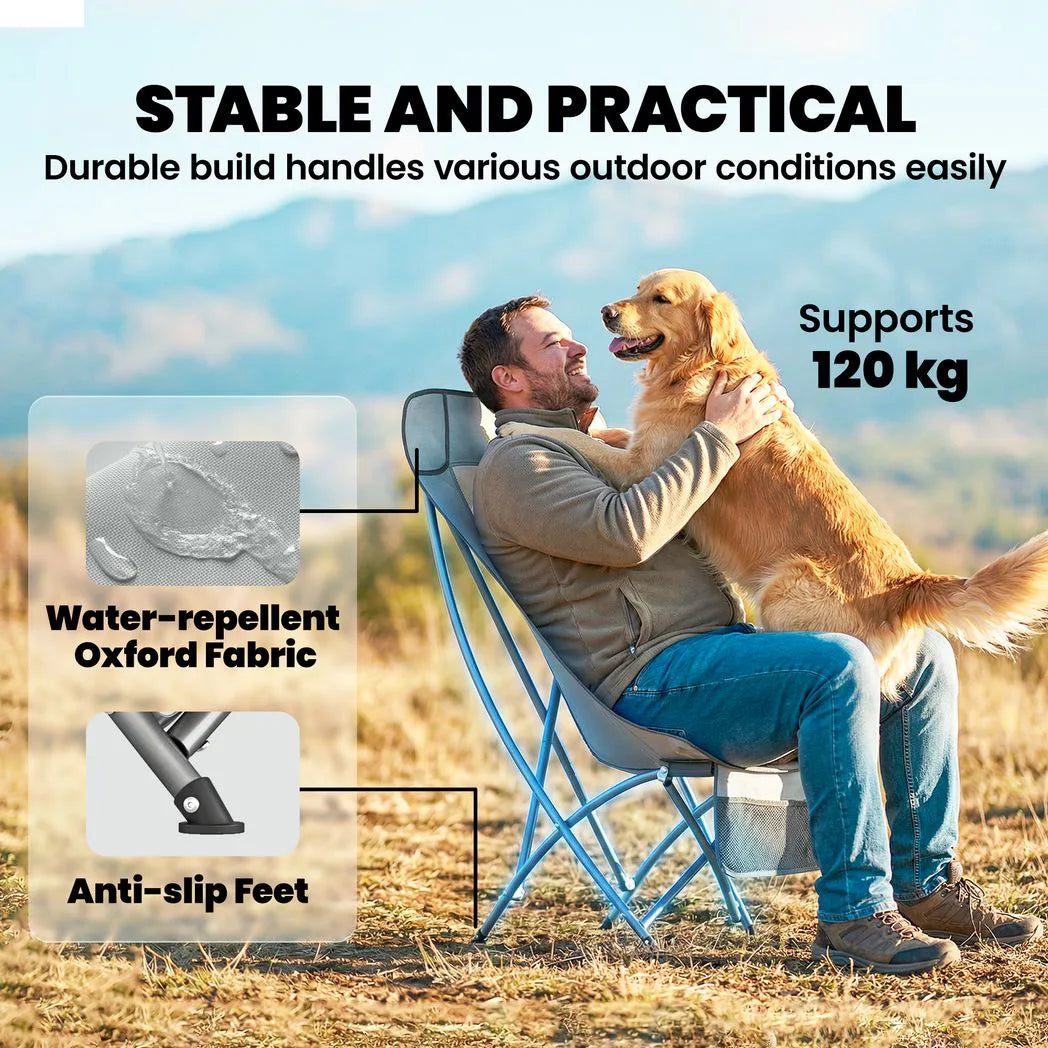 Outsunny Folding Moon Chair with Side Pocket & Carry Bag – Heavy Duty Camping Chair for Adults, Light Grey