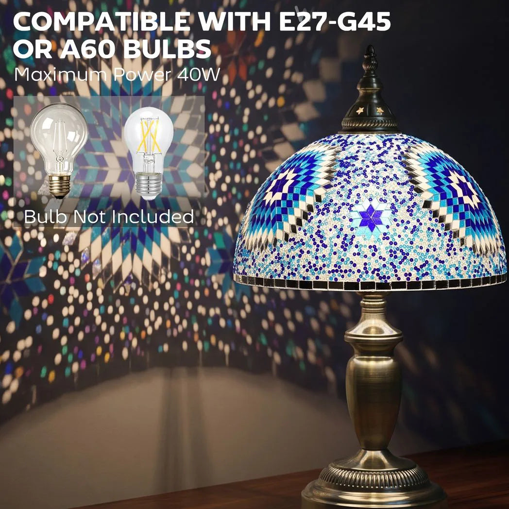 HOMCOM 30cm Tiffany-Style Table Lamp with Stained Glass Shade and Metal Base – Vintage Bedside Light, Blue