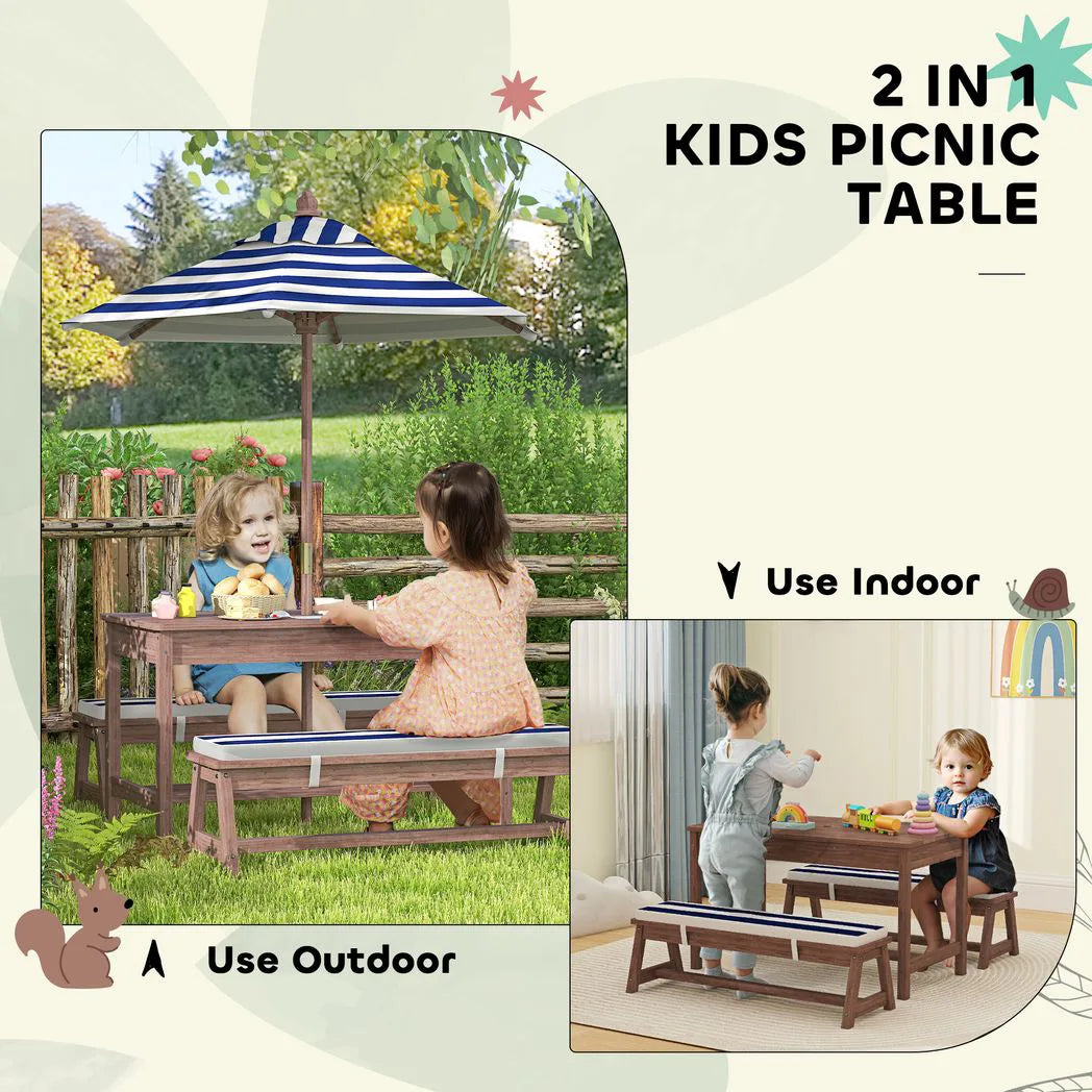 AIYAPLAY Kids Wooden Picnic Table and Bench Set with Cushions and Removable Umbrella – Outdoor Patio Garden Furniture, Navy Blue