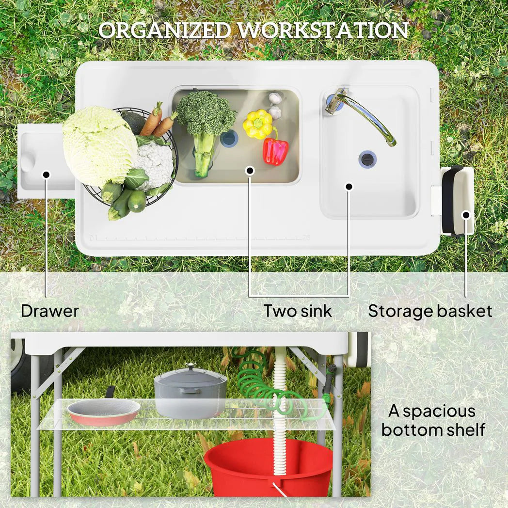 Outsunny Folding Fish Cleaning Table with Two Sinks, Faucet & Drainage Hoses – Portable Camping Sink Table