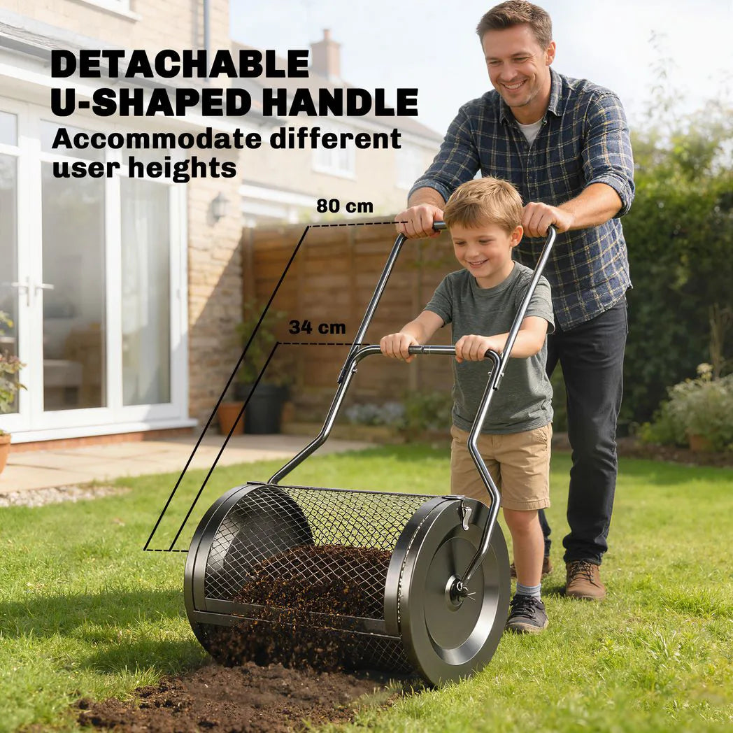 Outsunny 20" Compost and Peat Moss Spreader – 75L Metal Mesh Roller with Detachable U-Shaped Handle