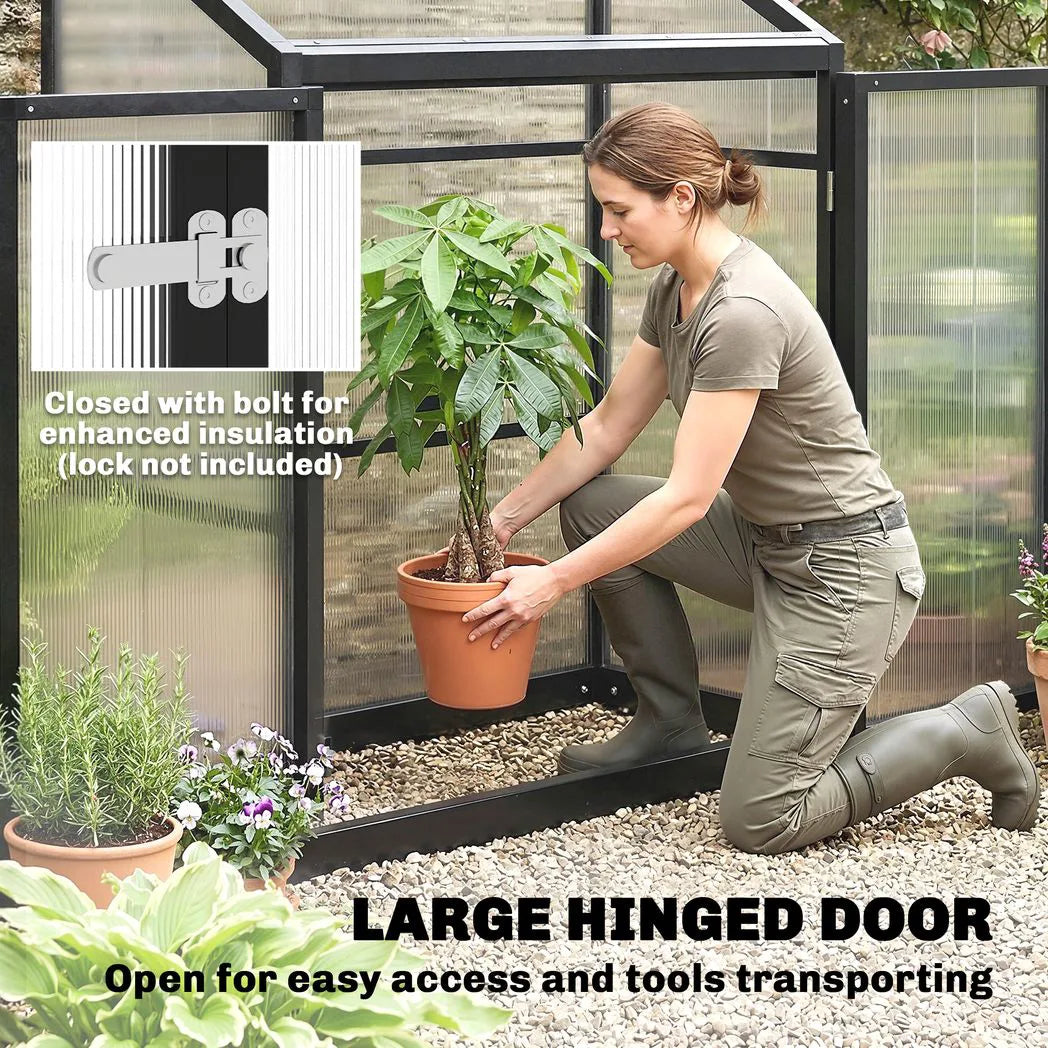 Outsunny Lean-to Polycarbonate Greenhouse 4 x 2ft with 2 Hinged Doors & Top Vent, Aluminium Frame, Black