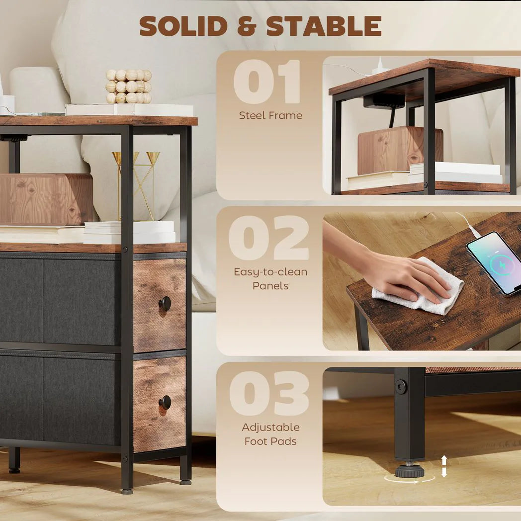 HOMCOM Narrow Bedside Table with Charging Station, 2 Fabric Drawers, AC Outlet and USB Ports, Industrial