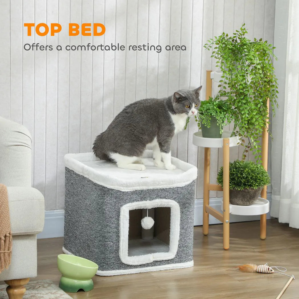 PawHut 2-Level Cat House with Top Bed and Fluffy Balls – Cosy Indoor Cat Cave for Kittens, Grey