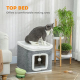 PawHut 2-Level Cat House with Top Bed and Fluffy Balls – Cosy Indoor Cat Cave for Kittens, Grey