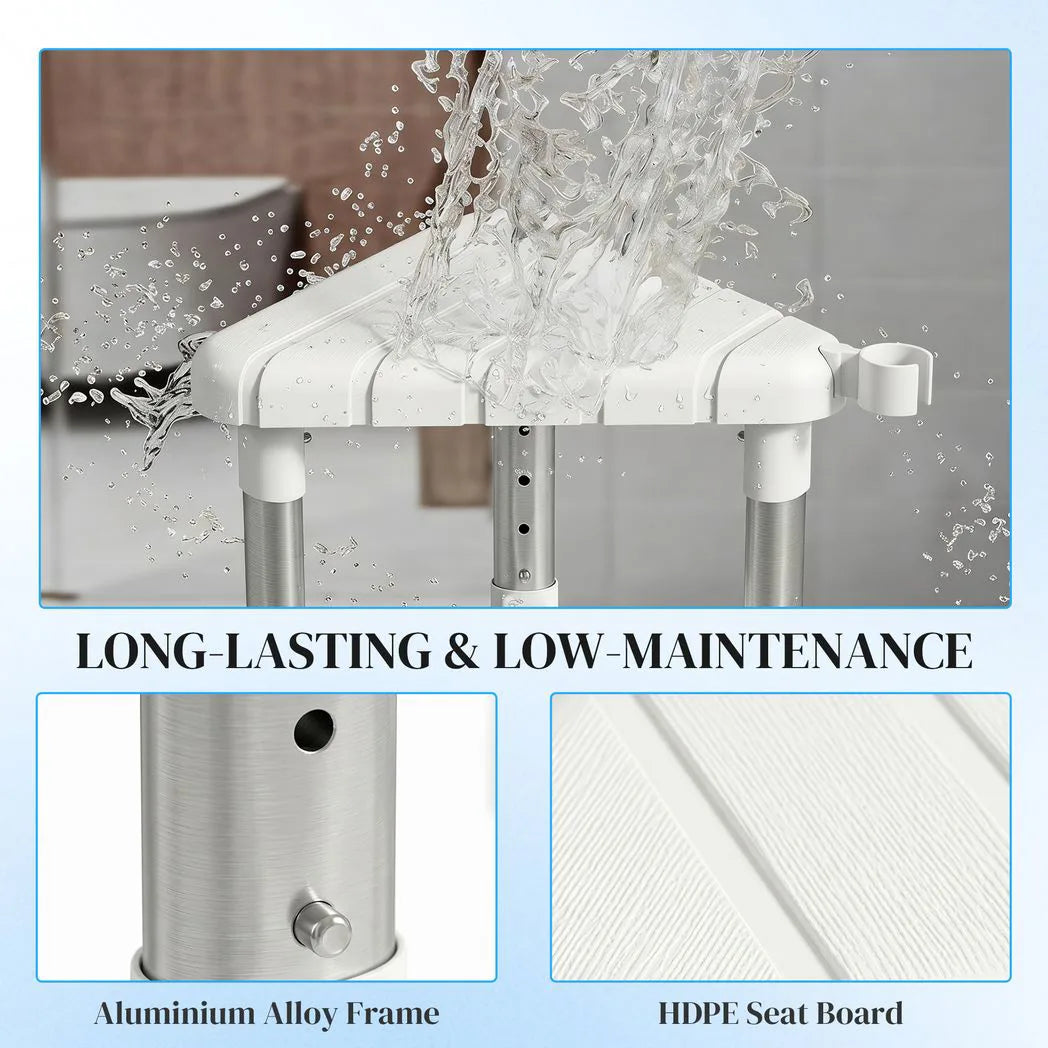 HOMCOM Corner Shower Stool with Storage Shelf, Aluminium Frame and HDPE Seat – Height Adjustable Chair, White