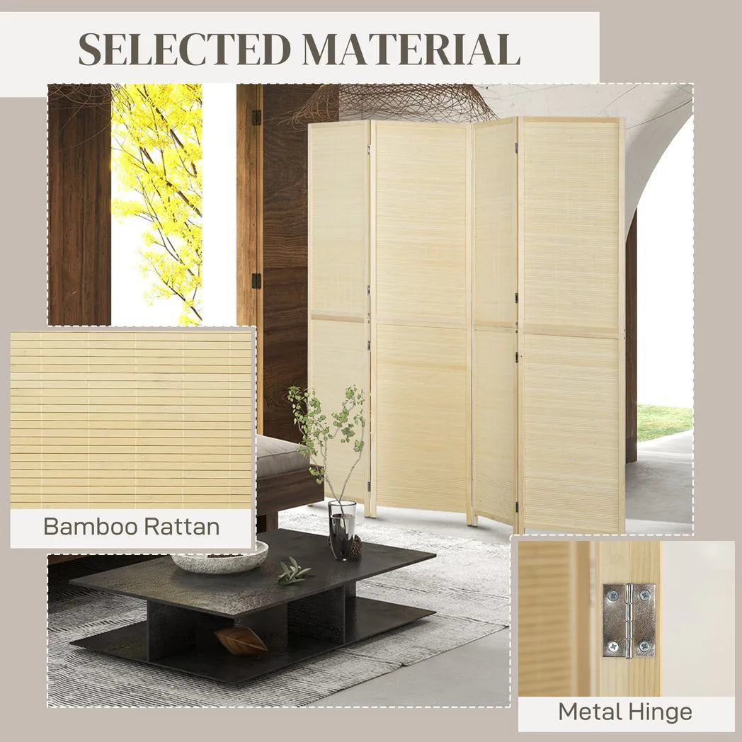 HOMCOM 4-Panel Bamboo Rattan Room Divider – Freestanding Folding Privacy Screen, 180 x 180cm, Natural